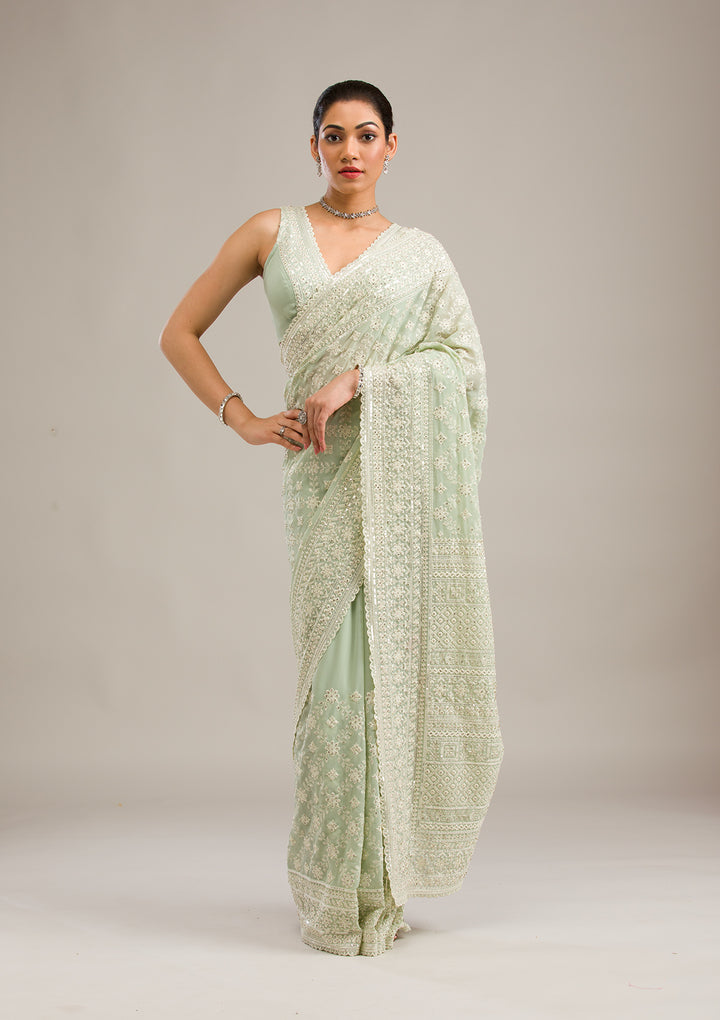 Pista Green Threadwork Georgette Saree