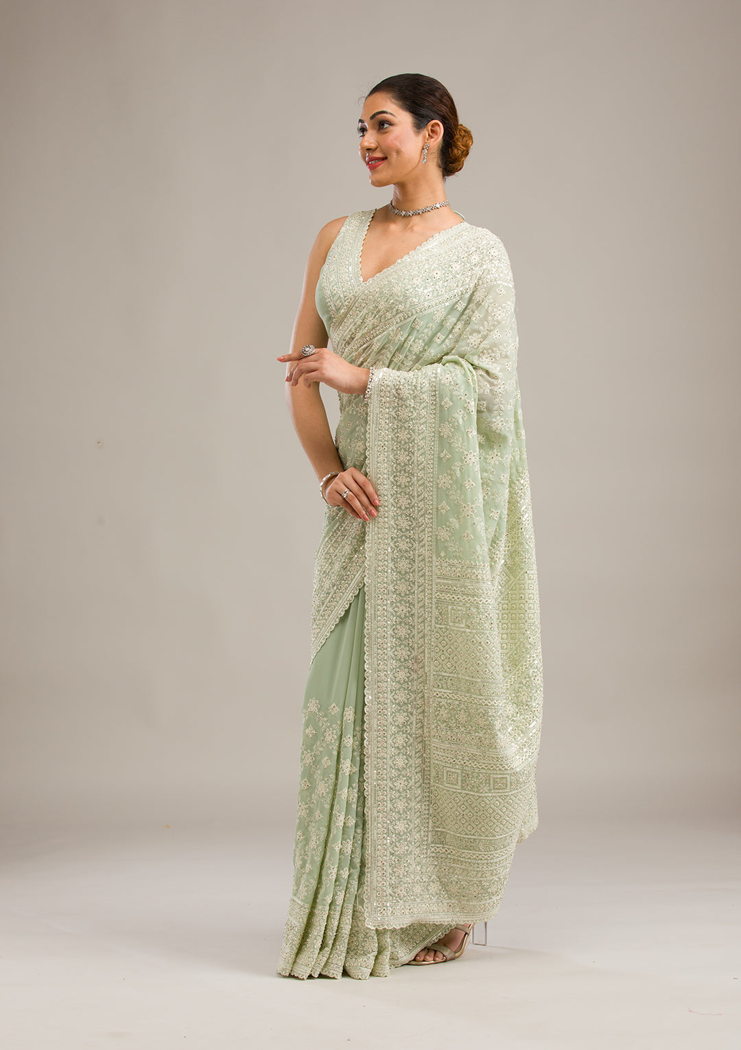 Pista Green Threadwork Georgette Saree