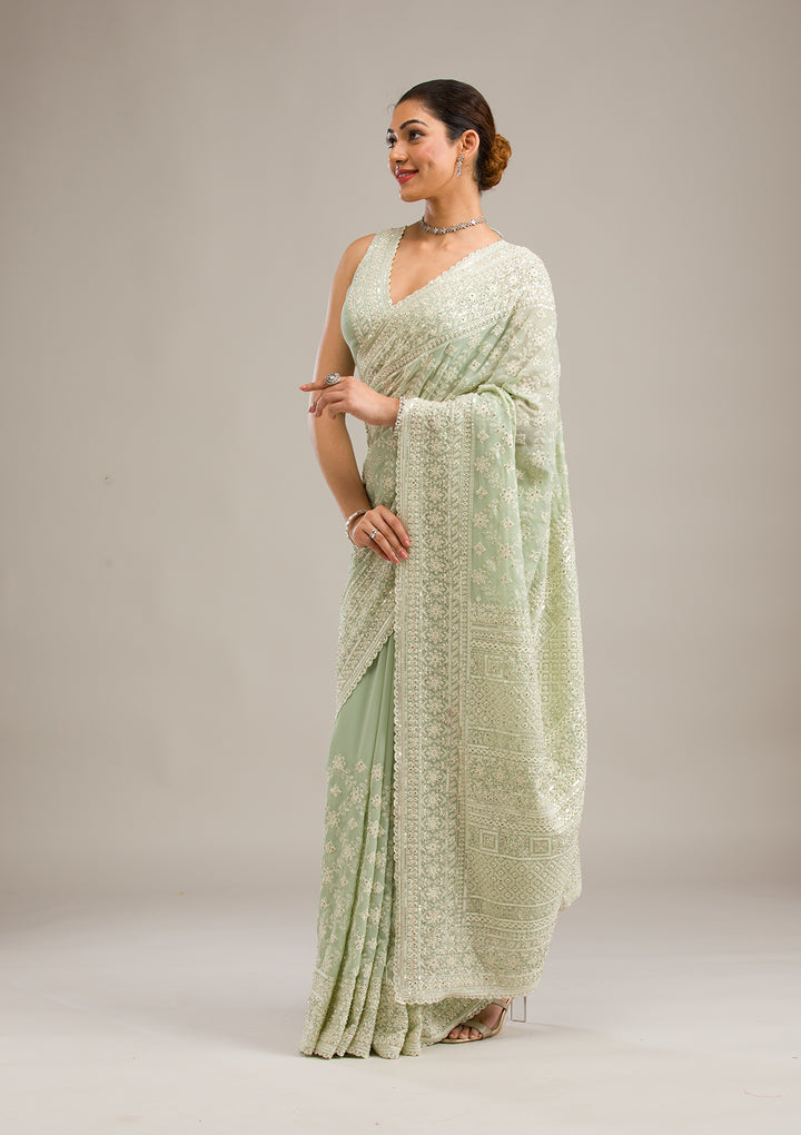 Pista Green Threadwork Georgette Saree