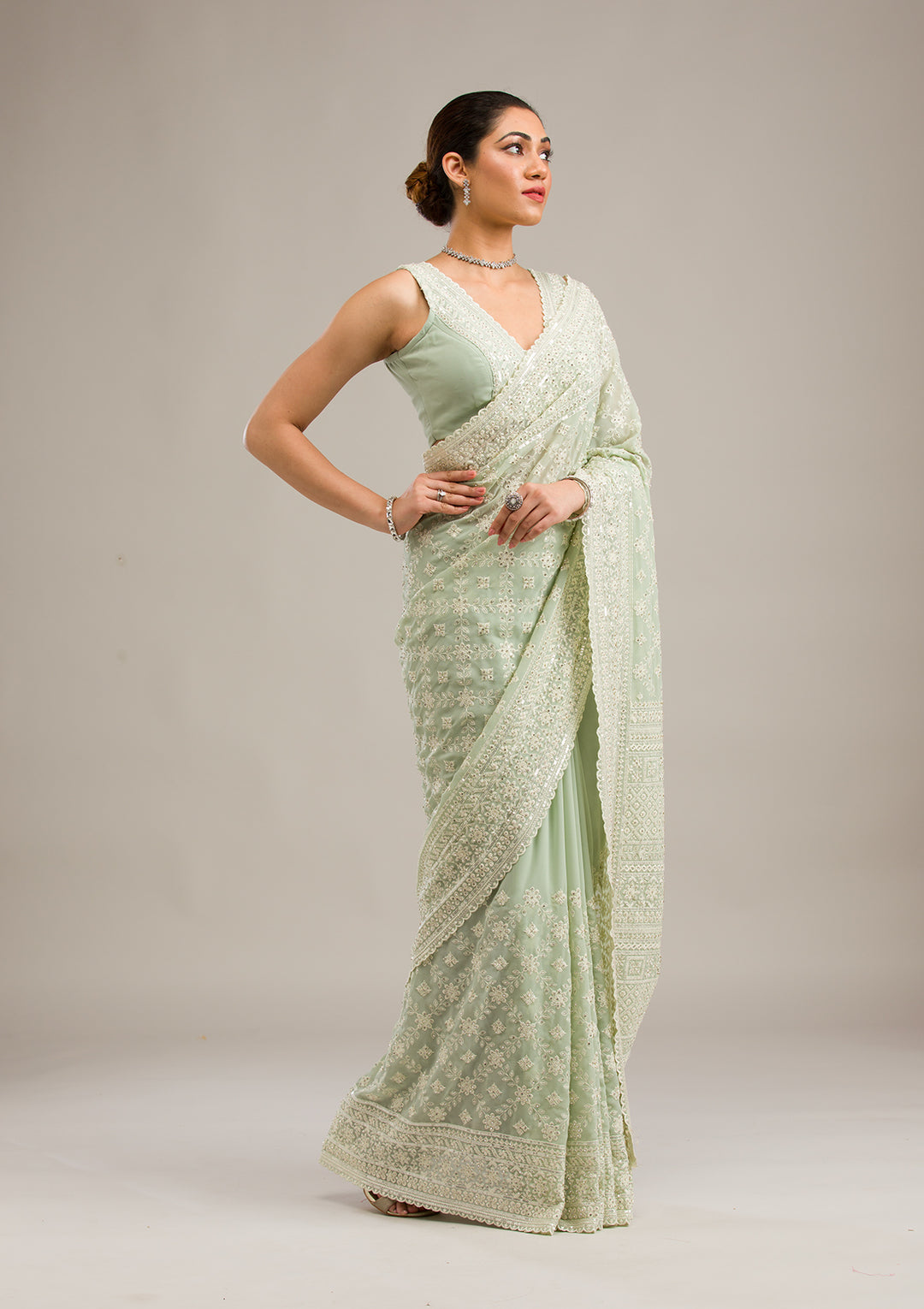 Pista Green Threadwork Georgette Saree