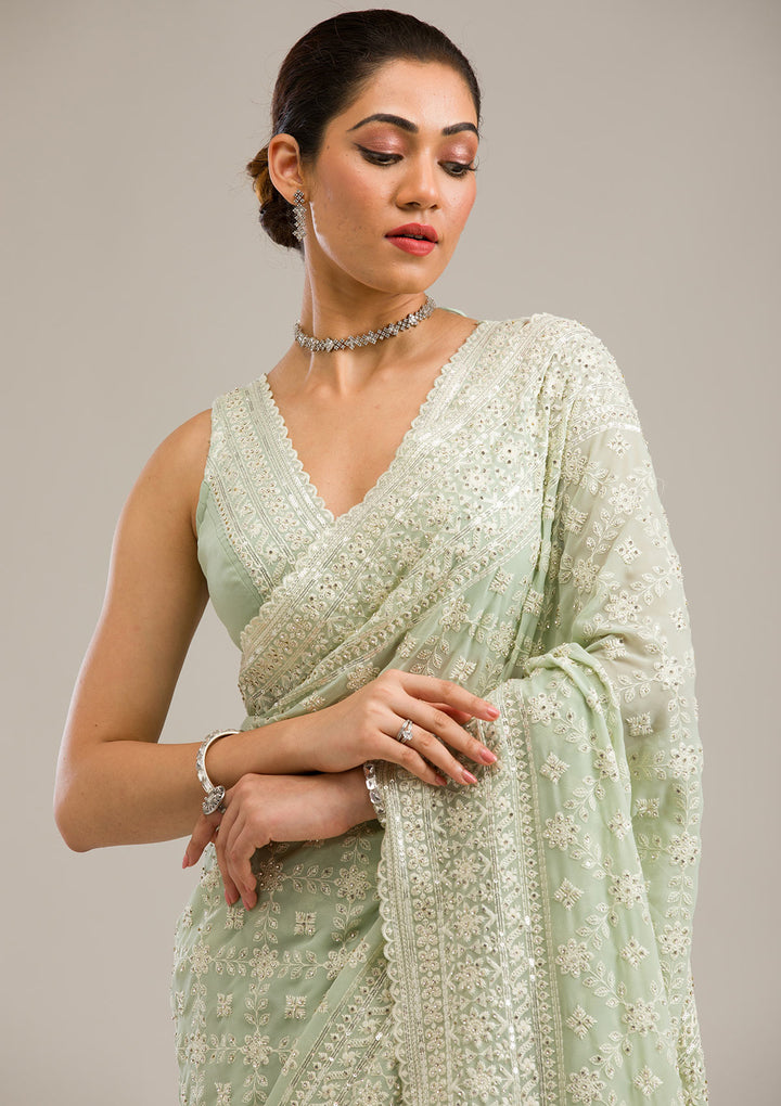Pista Green Threadwork Georgette Saree