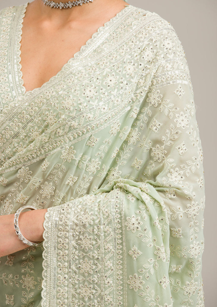 Pista Green Threadwork Georgette Saree