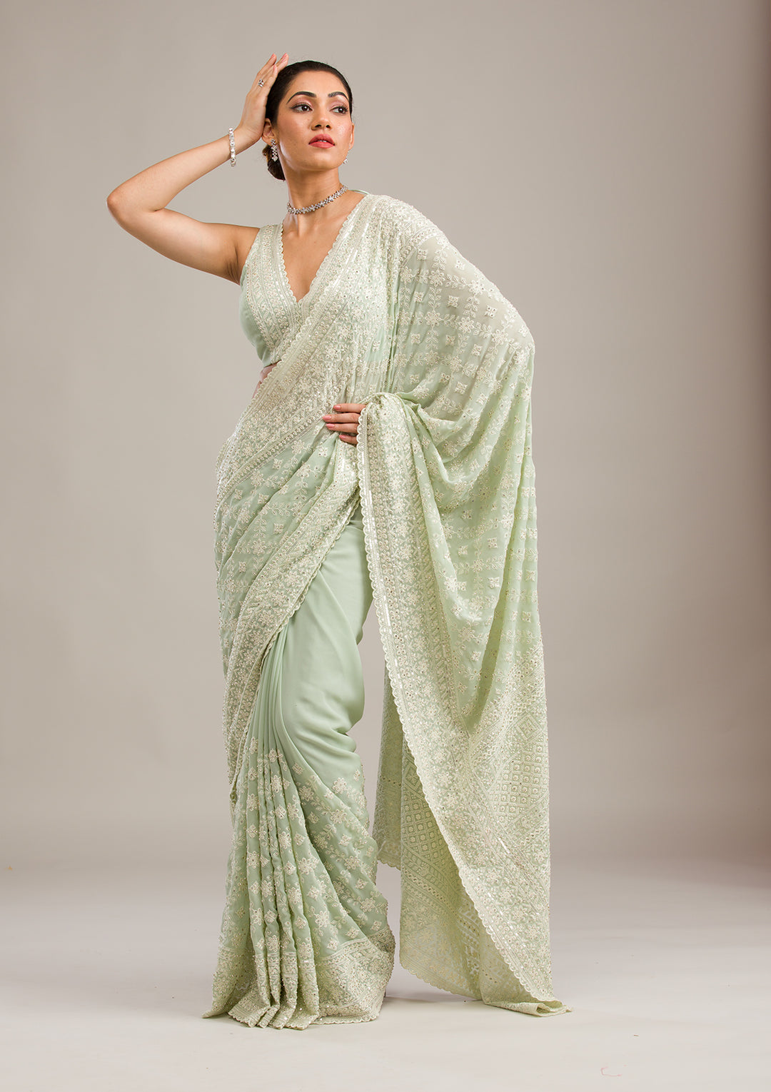 Pista Green Threadwork Georgette Saree