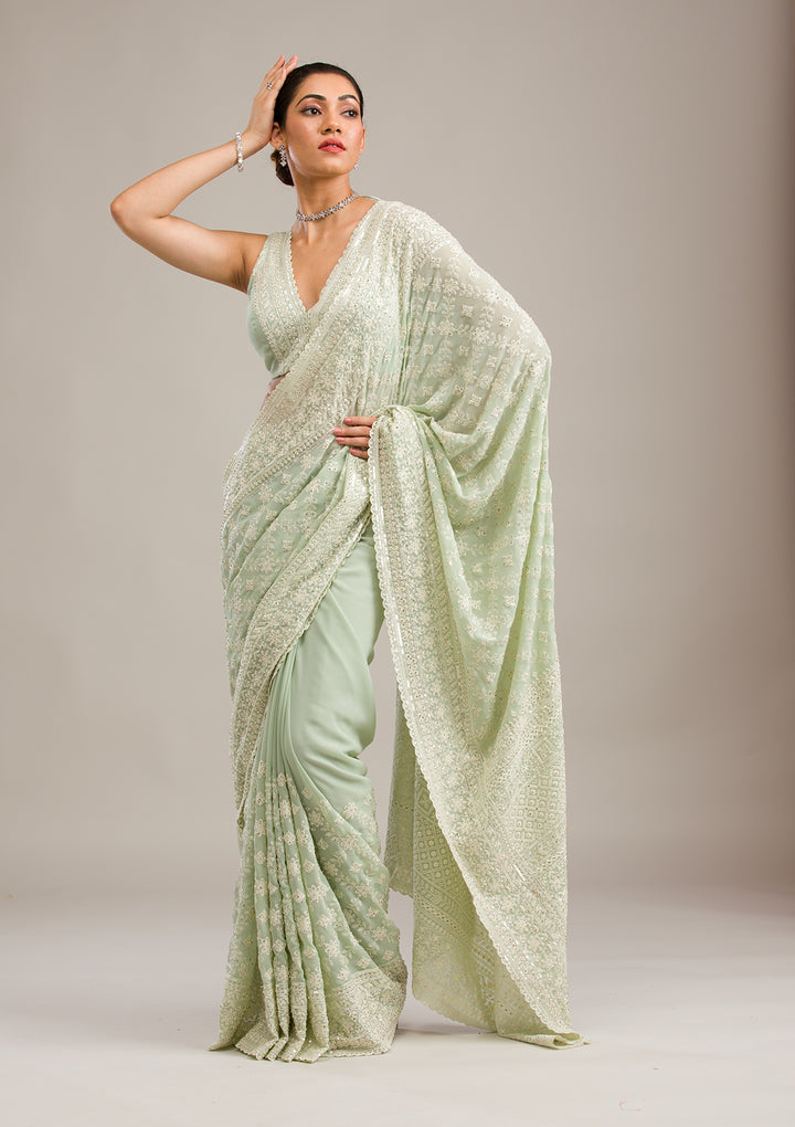 Pista Green Threadwork Georgette Saree
