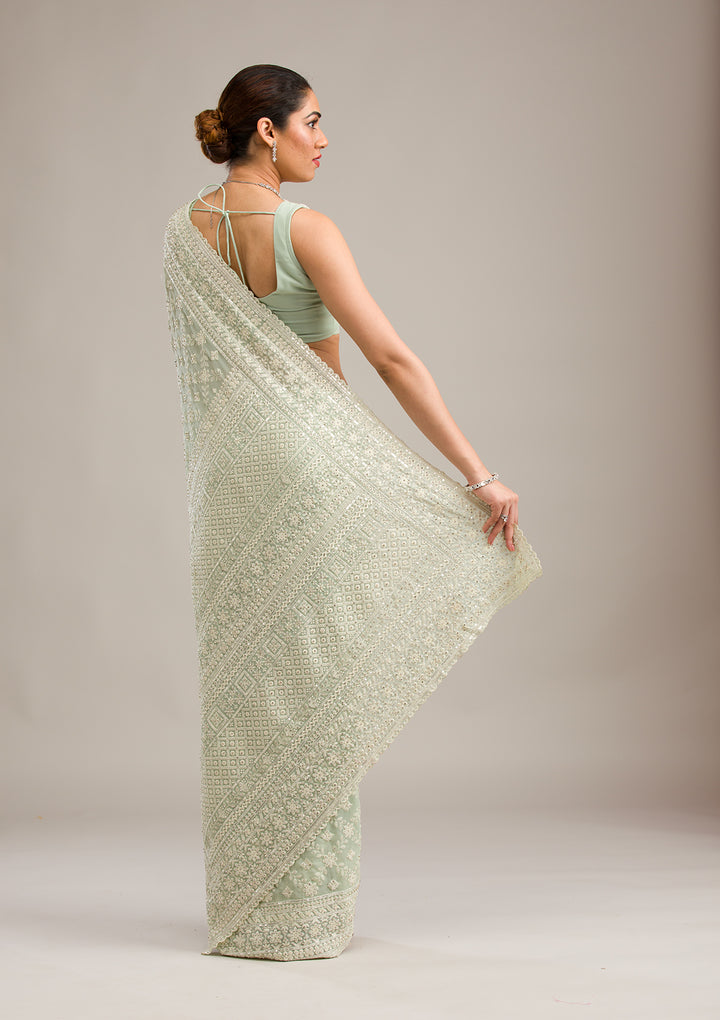 Pista Green Threadwork Georgette Saree