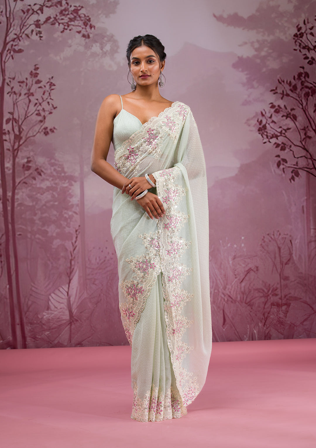 Pista Green Threadwork Georgette Saree