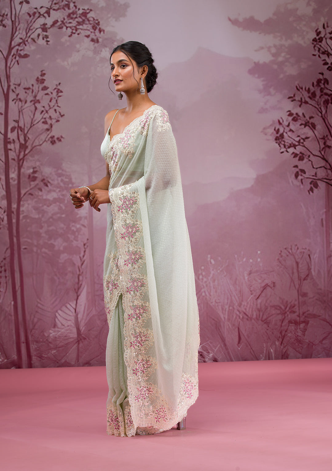 Pista Green Threadwork Georgette Saree