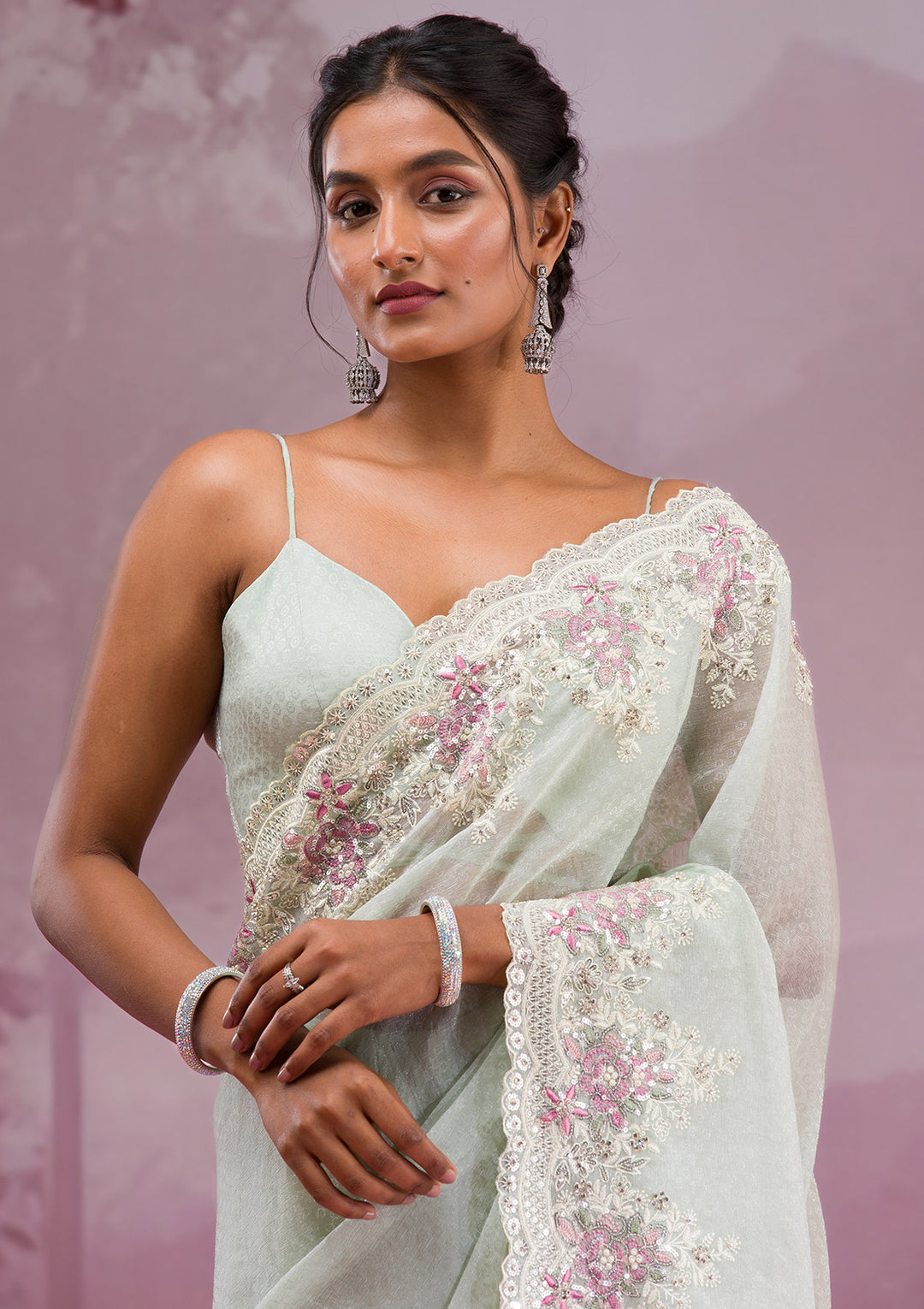 Pista Green Threadwork Georgette Saree
