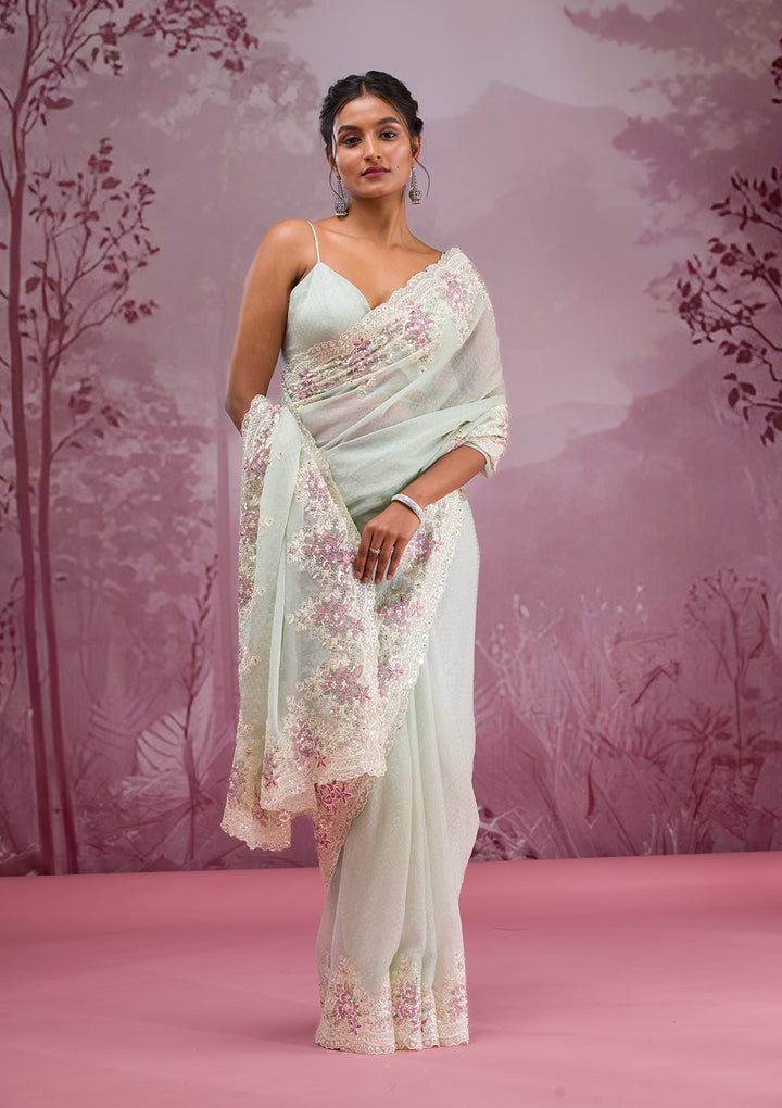 Pista Green Threadwork Georgette Saree