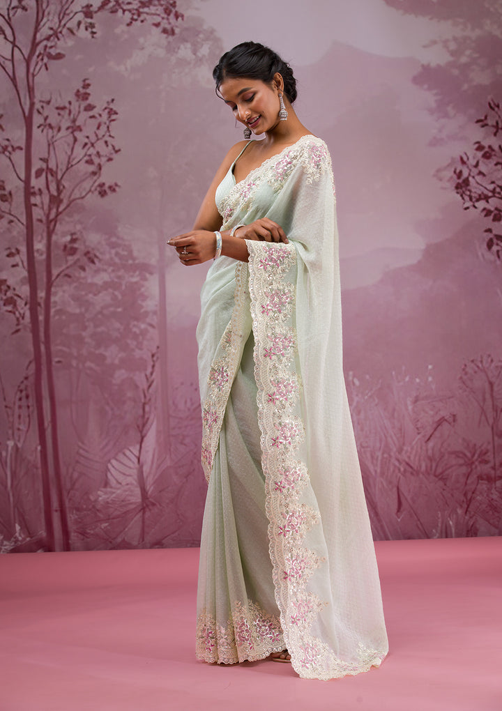Pista Green Threadwork Georgette Saree