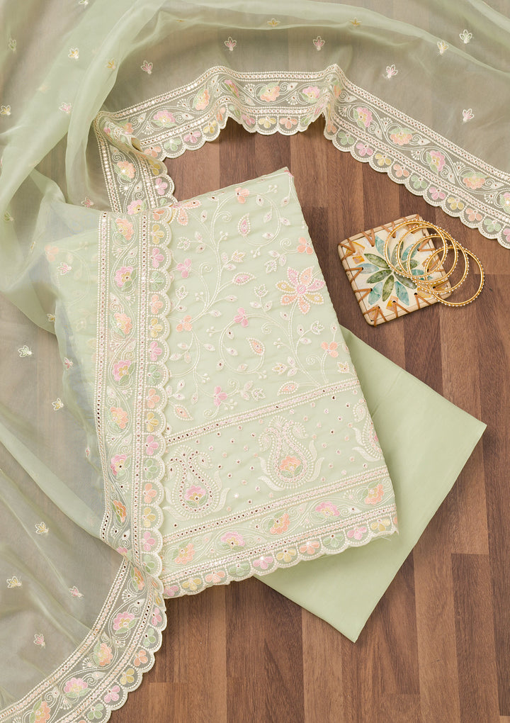 Pista Green Threadwork Organza Unstitched Salwar Suit