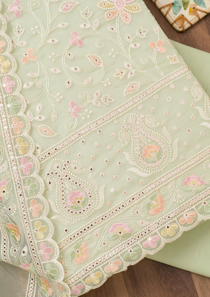 Pista Green Threadwork Organza Unstitched Salwar Suit