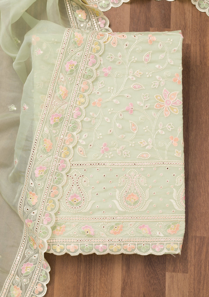 Pista Green Threadwork Organza Unstitched Salwar Suit