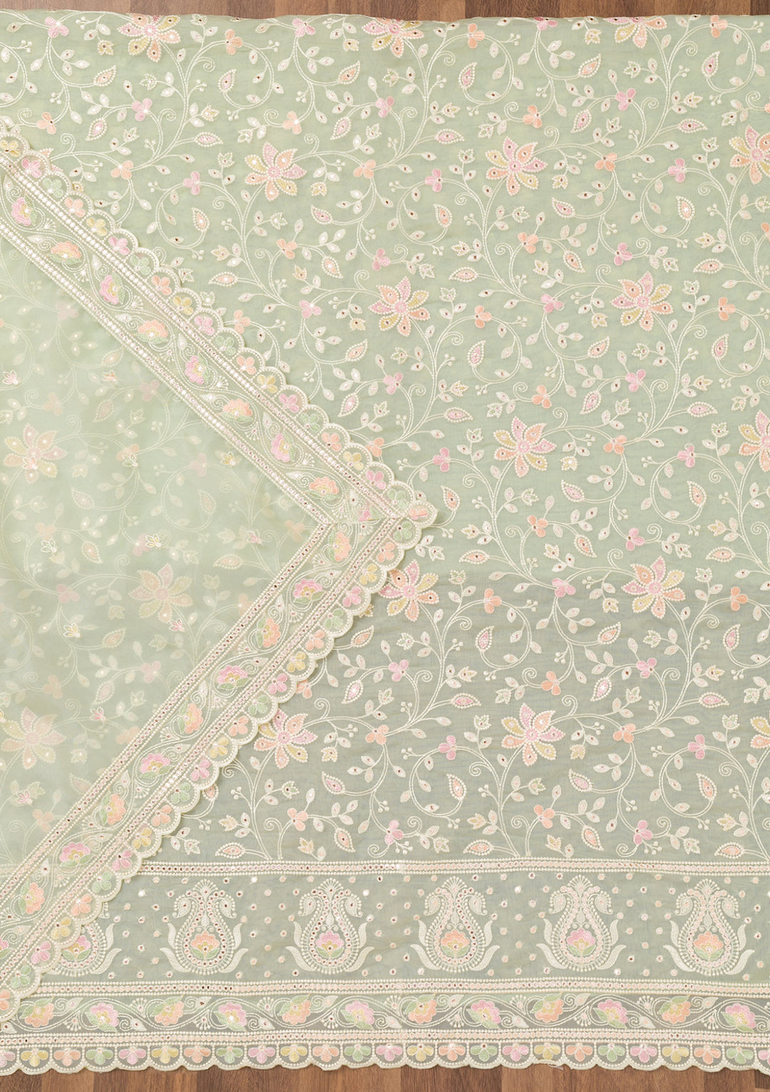 Pista Green Threadwork Organza Unstitched Salwar Suit