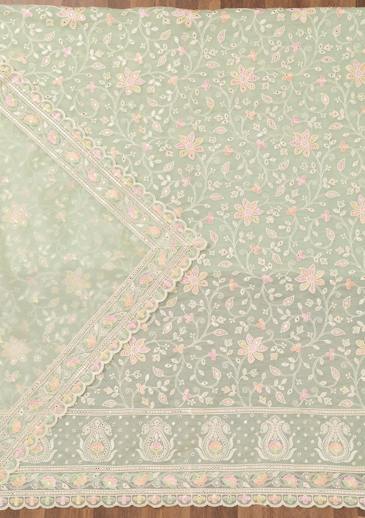 Pista Green Threadwork Organza Unstitched Salwar Suit