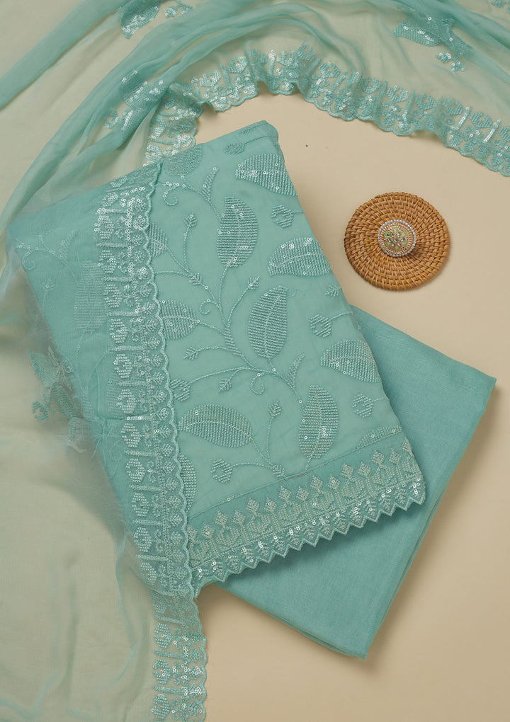 Pista Green Threadwork Organza Unstitched Salwar Suit