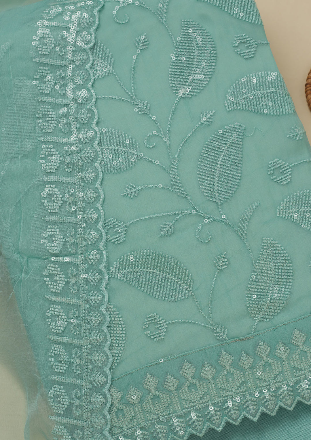 Pista Green Threadwork Organza Unstitched Salwar Suit