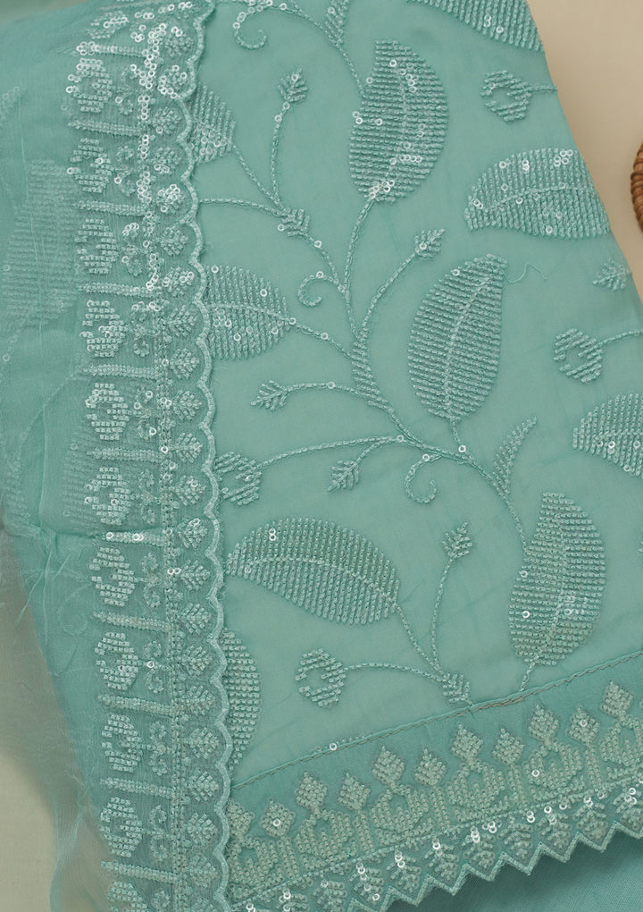 Pista Green Threadwork Organza Unstitched Salwar Suit
