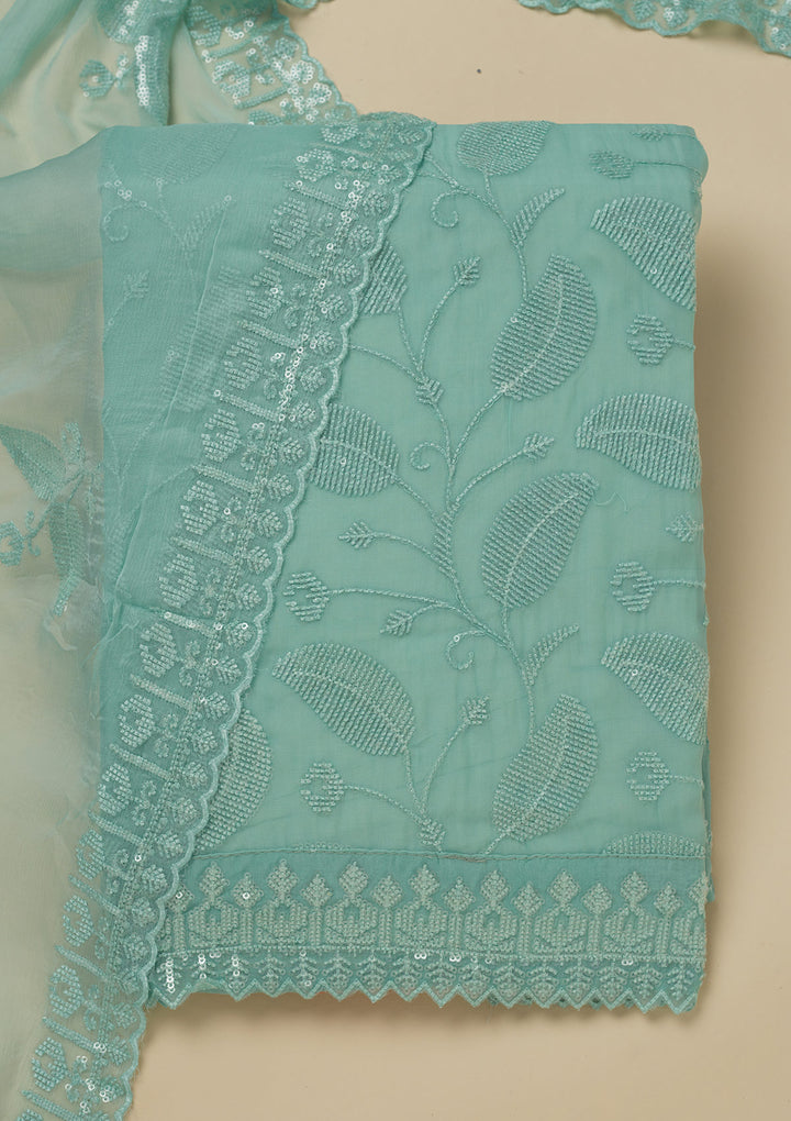Pista Green Threadwork Organza Unstitched Salwar Suit