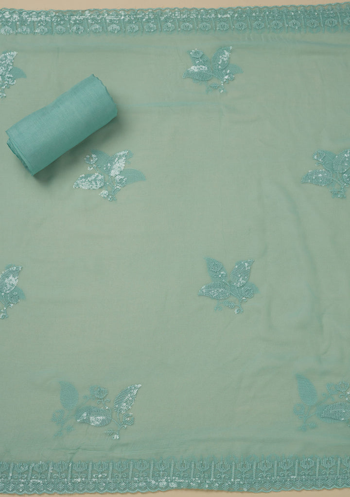 Pista Green Threadwork Organza Unstitched Salwar Suit