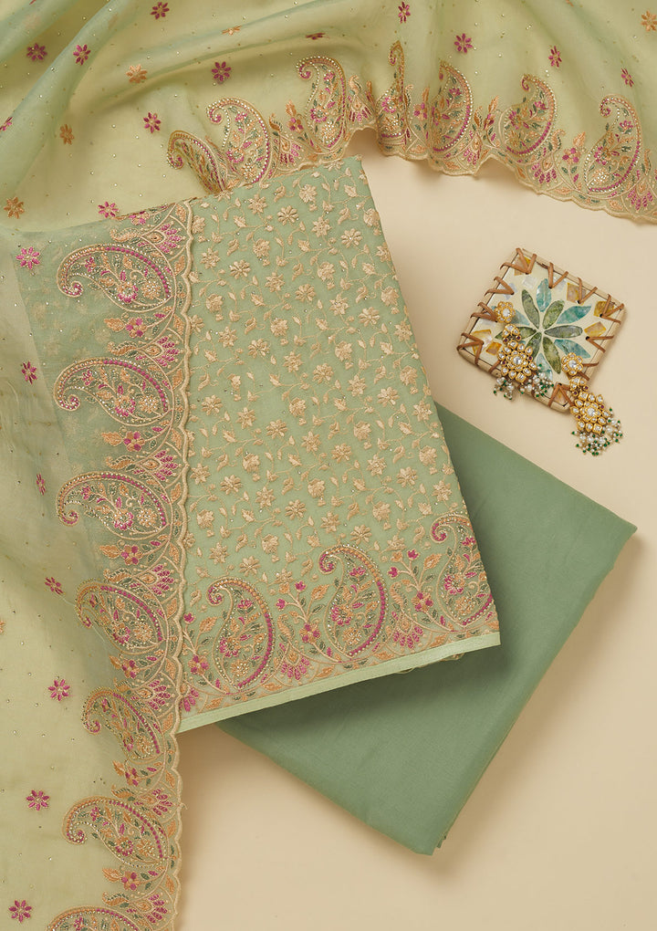 Pista Green Threadwork Organza Unstitched Salwar Suit