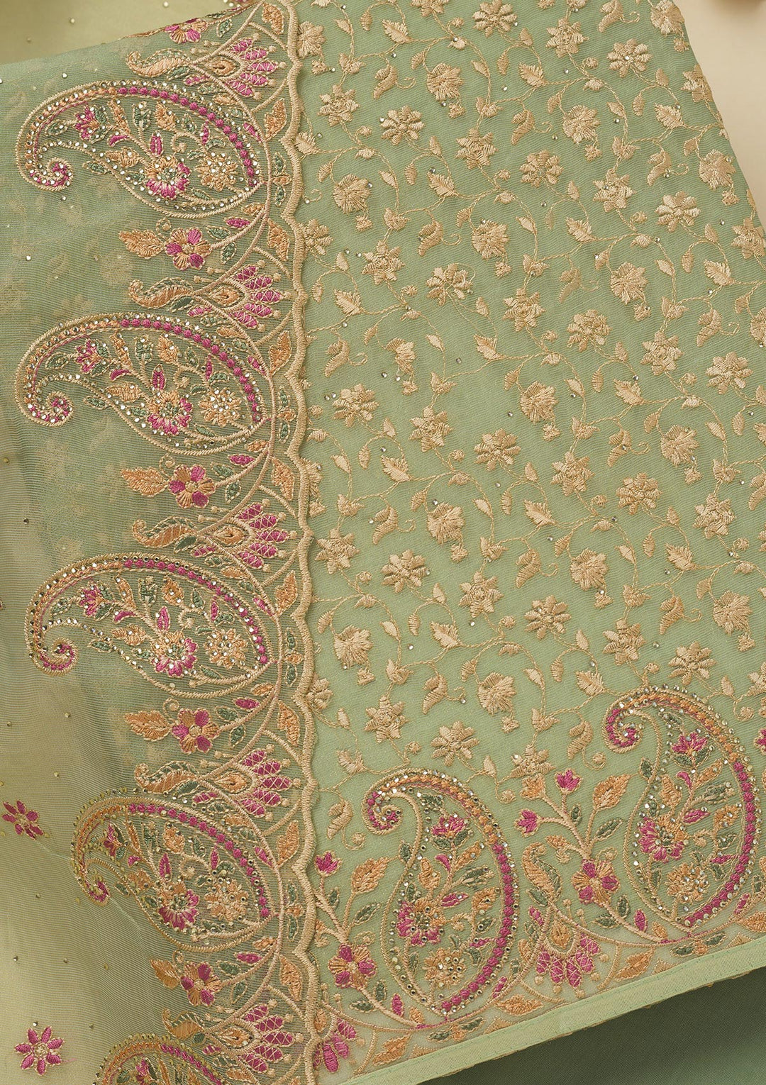 Pista Green Threadwork Organza Unstitched Salwar Suit