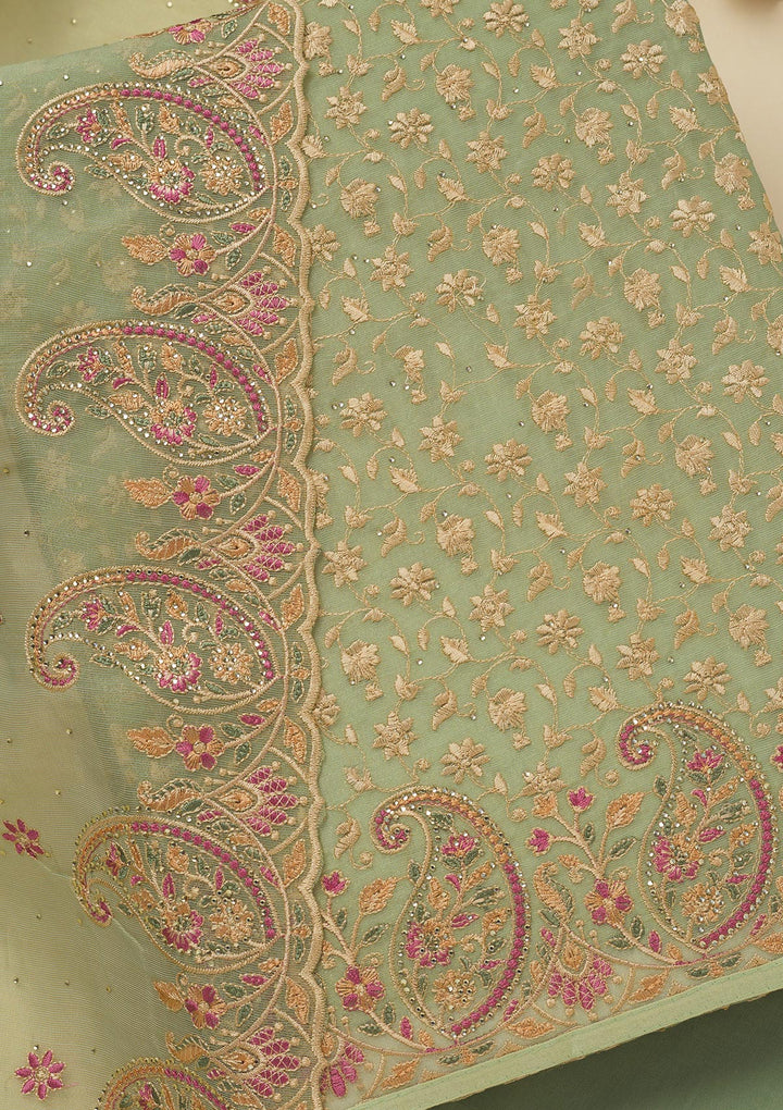 Pista Green Threadwork Organza Unstitched Salwar Suit