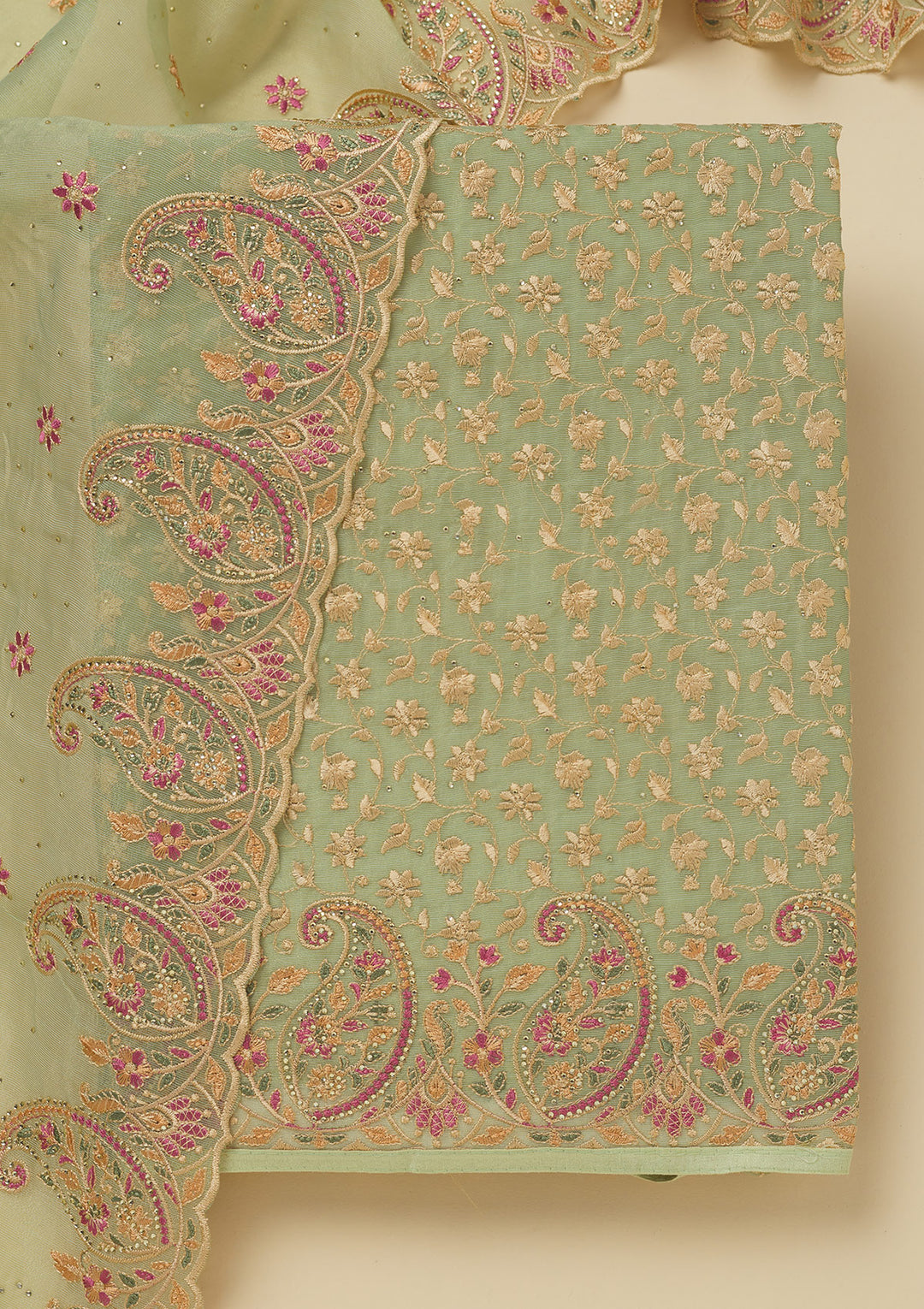 Pista Green Threadwork Organza Unstitched Salwar Suit