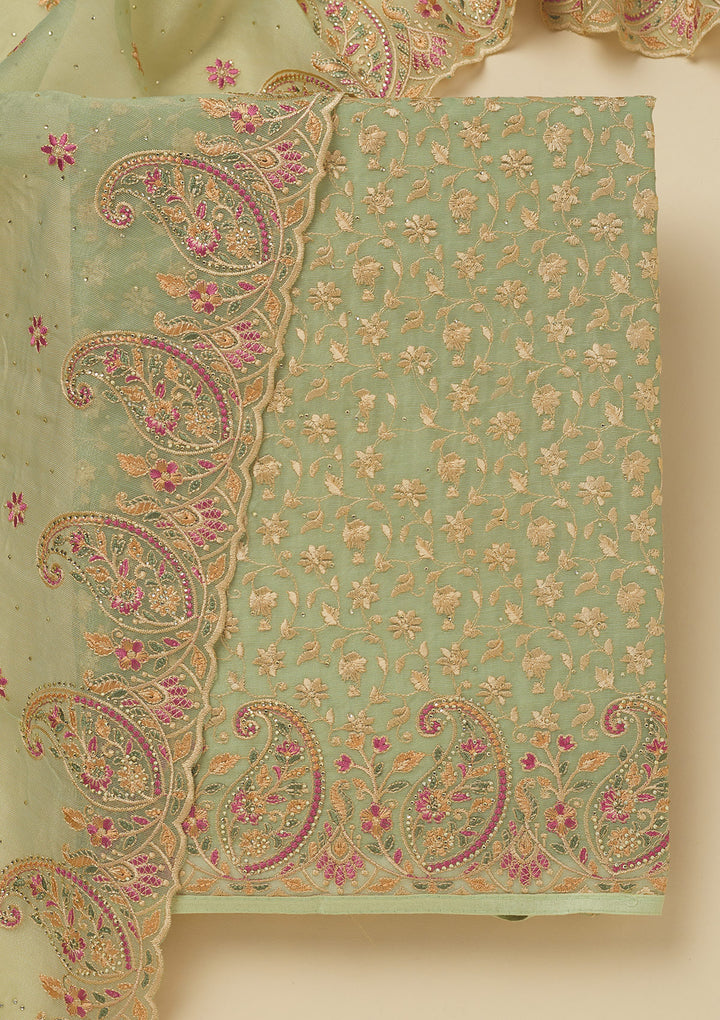 Pista Green Threadwork Organza Unstitched Salwar Suit