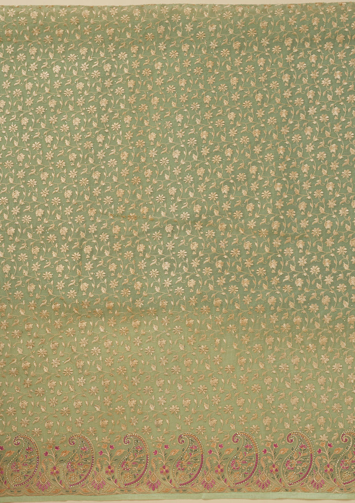 Pista Green Threadwork Organza Unstitched Salwar Suit