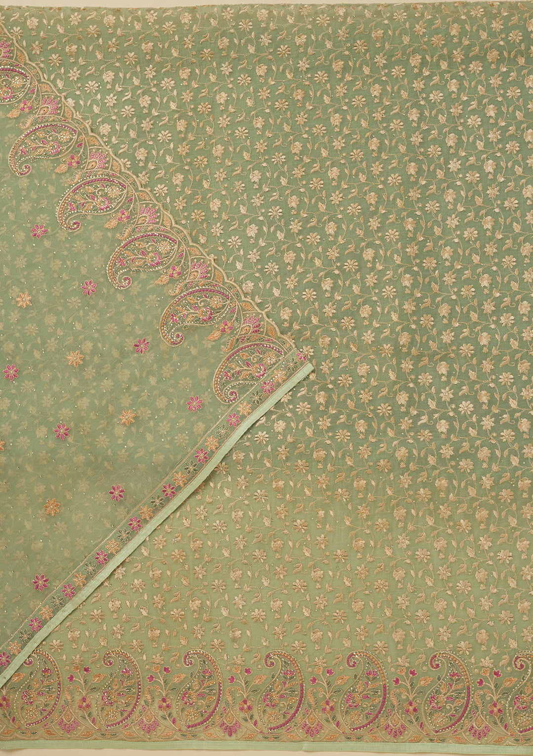Pista Green Threadwork Organza Unstitched Salwar Suit