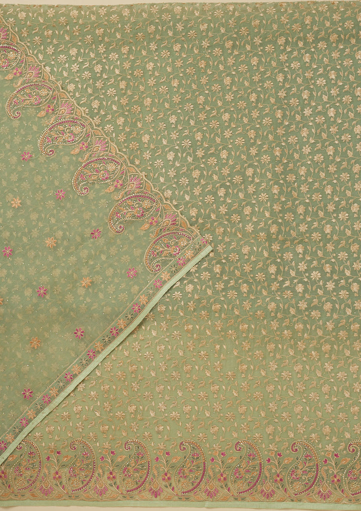 Pista Green Threadwork Organza Unstitched Salwar Suit