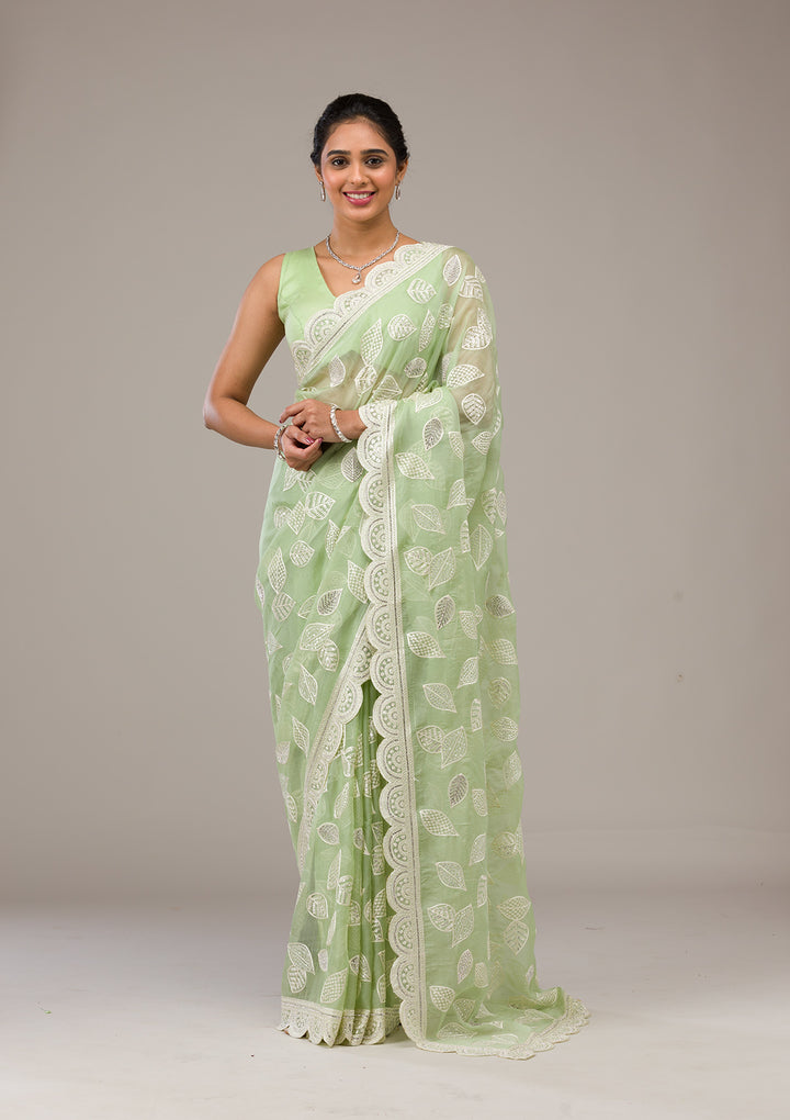 Pista Green Threadwork Organza Saree