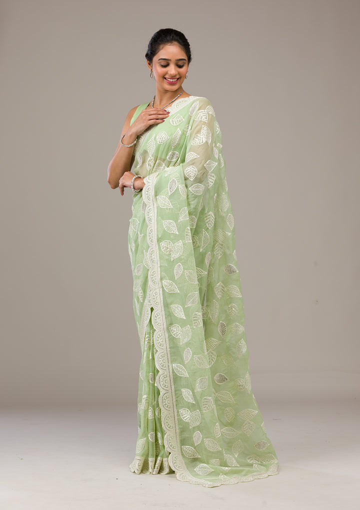 Pista Green Threadwork Organza Saree