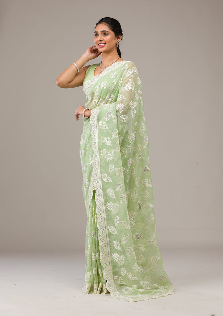 Pista Green Threadwork Organza Saree