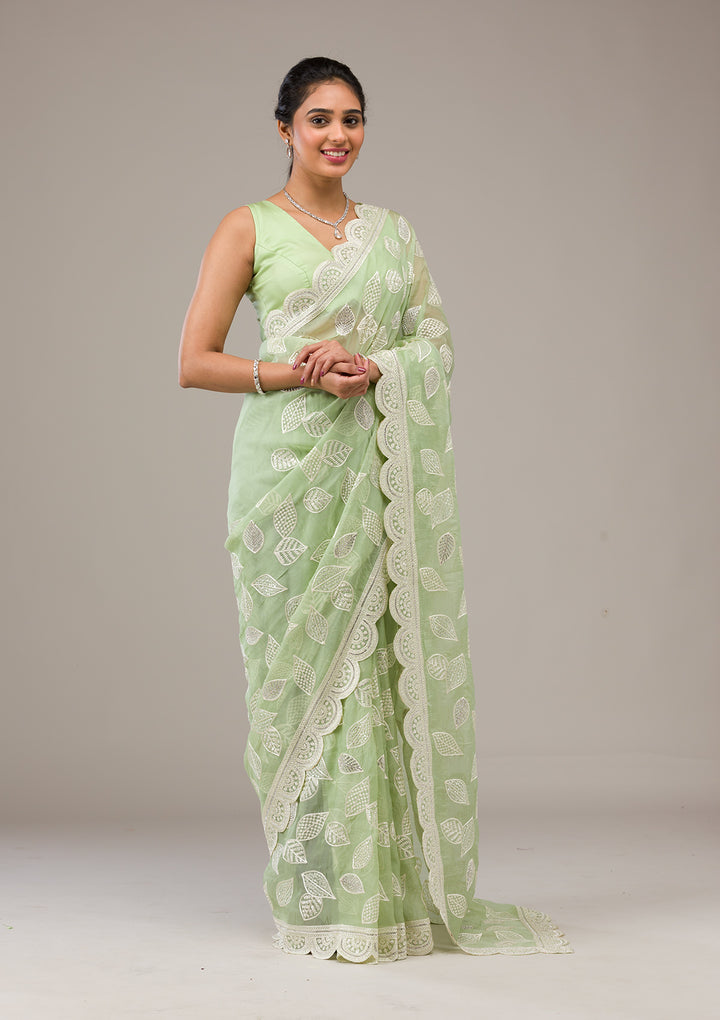 Pista Green Threadwork Organza Saree