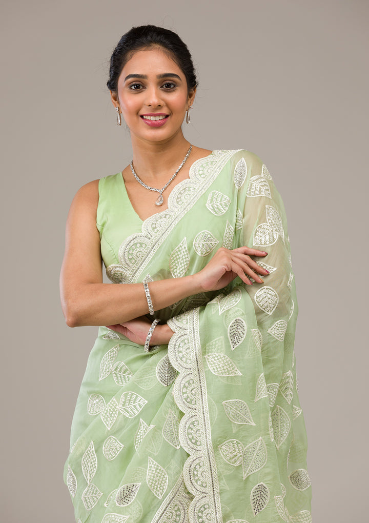 Pista Green Threadwork Organza Saree