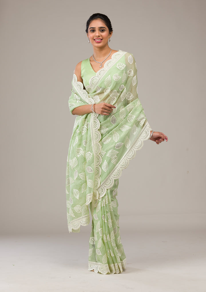 Pista Green Threadwork Organza Saree