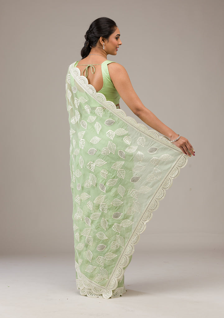 Pista Green Threadwork Organza Saree