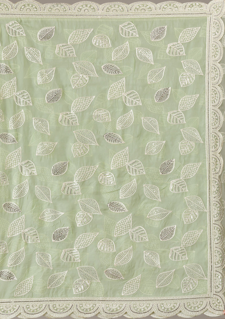 Pista Green Threadwork Organza Saree