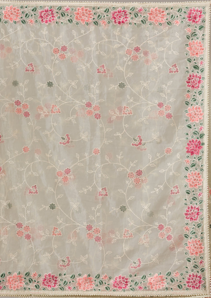 Pista Green Threadwork Organza Saree