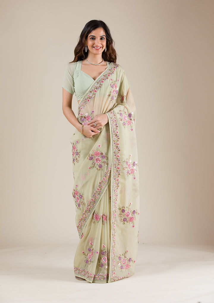 Pista Green Threadwork Organza Saree