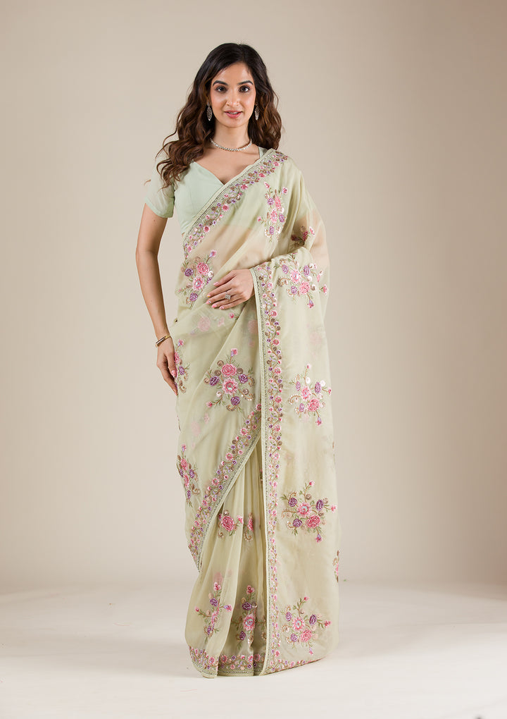 Pista Green Threadwork Organza Saree