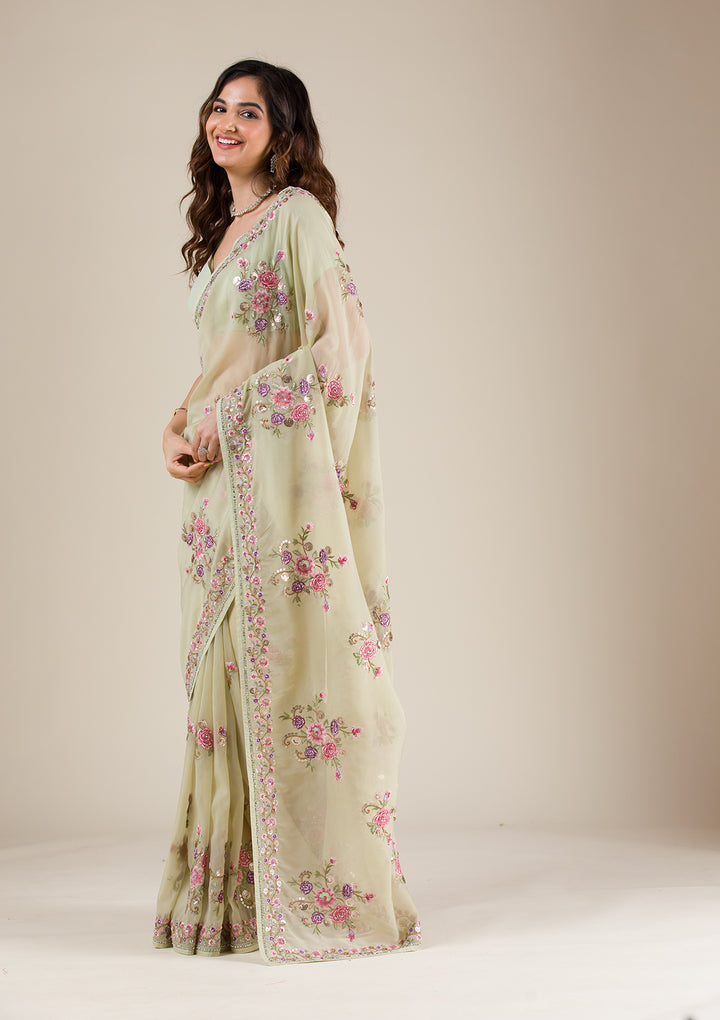 Pista Green Threadwork Organza Saree