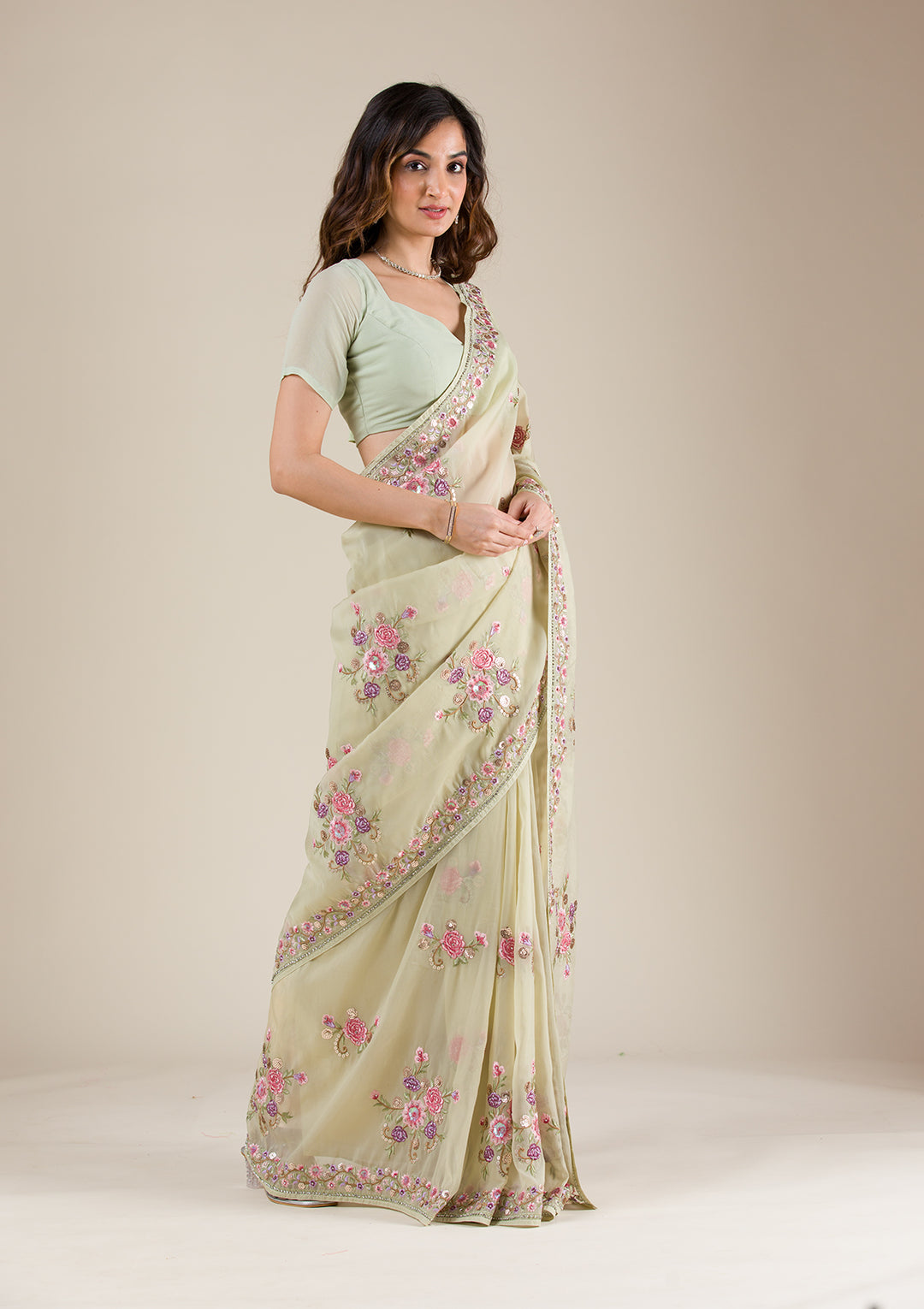 Pista Green Threadwork Organza Saree