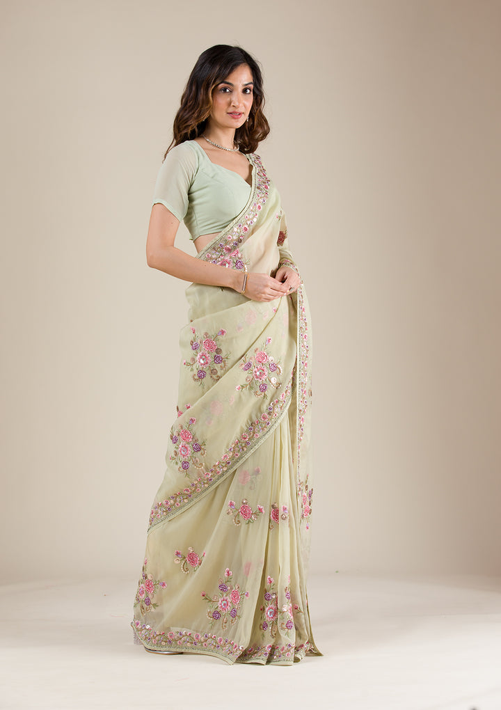 Pista Green Threadwork Organza Saree