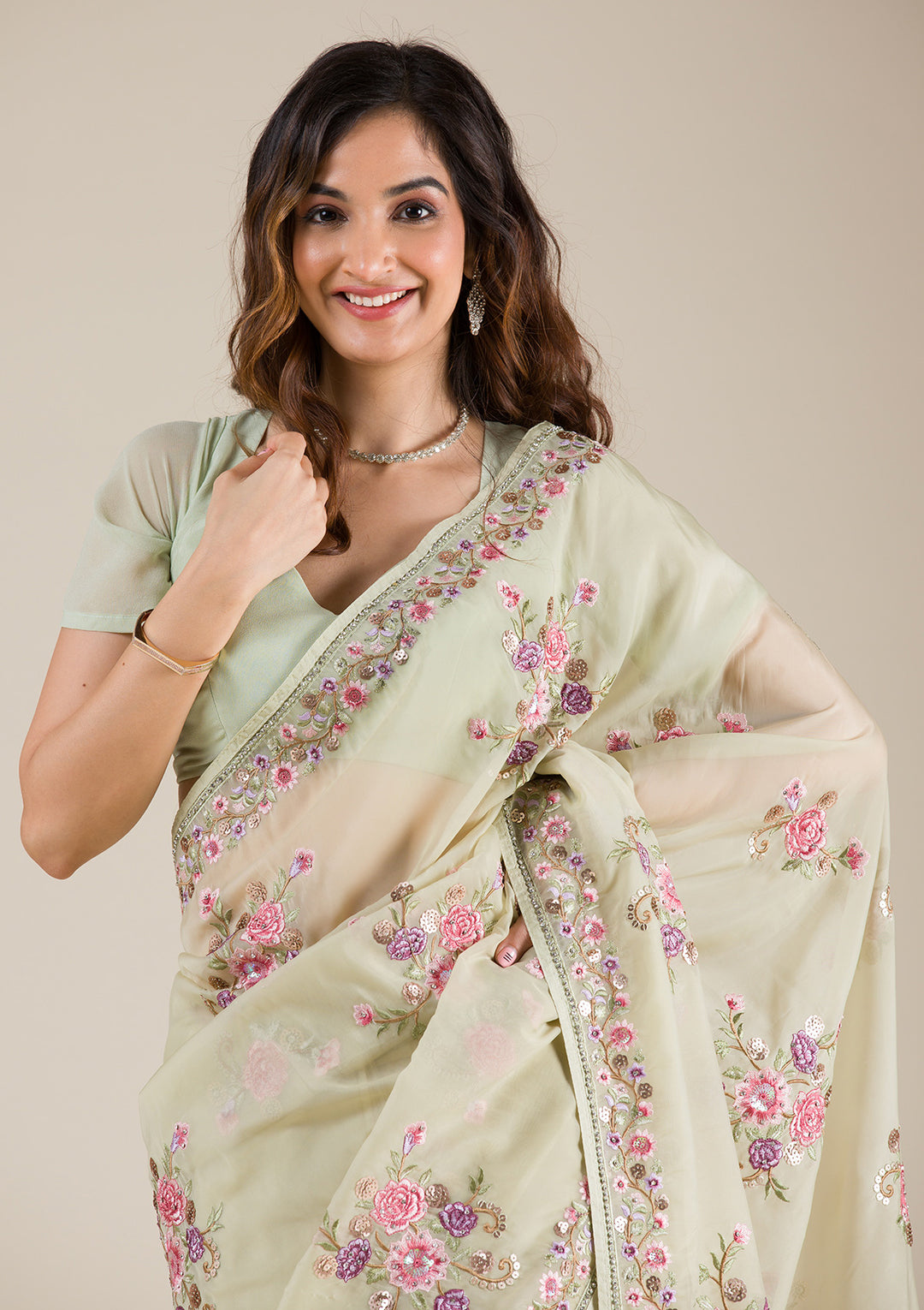 Pista Green Threadwork Organza Saree