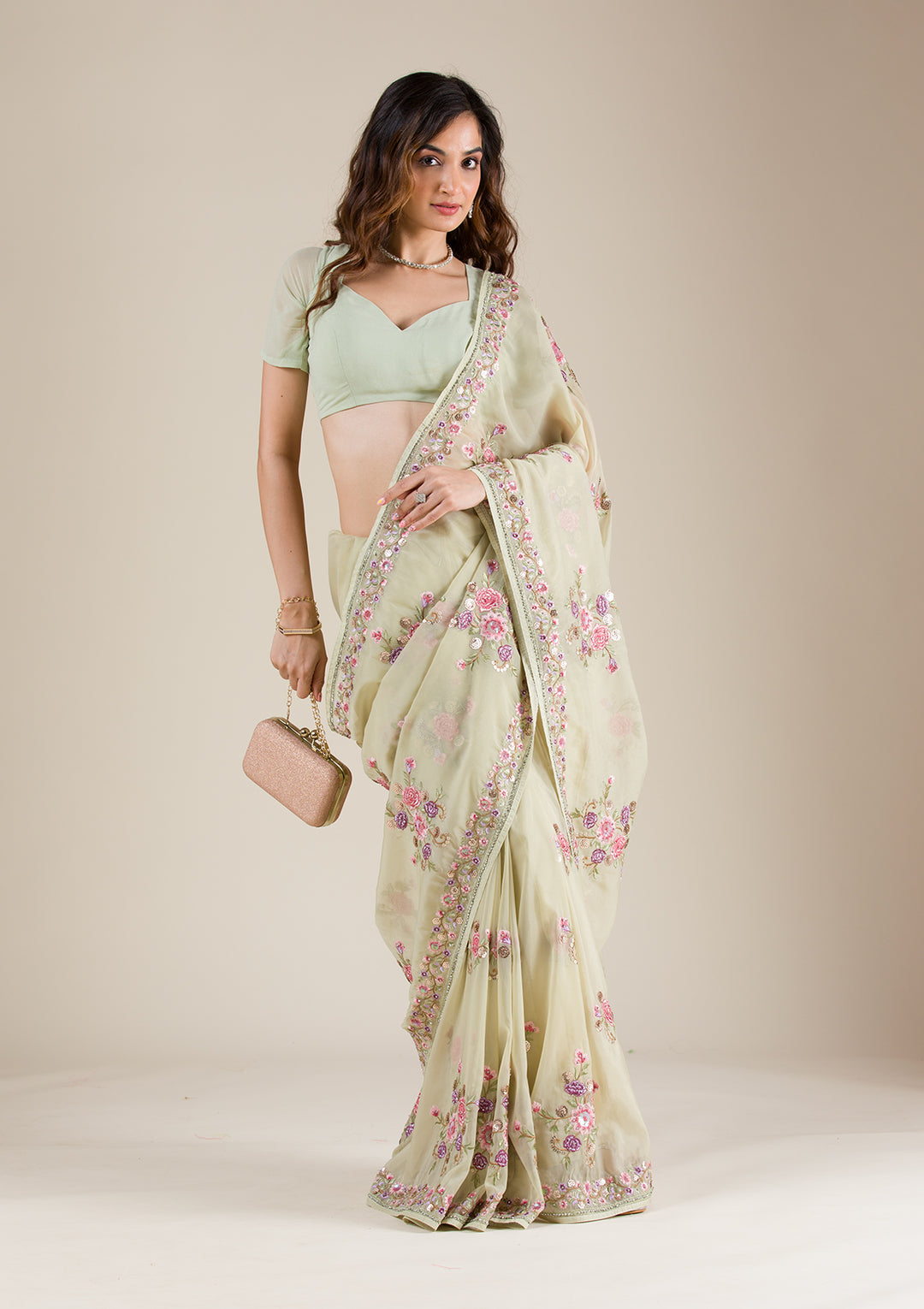 Pista Green Threadwork Organza Saree