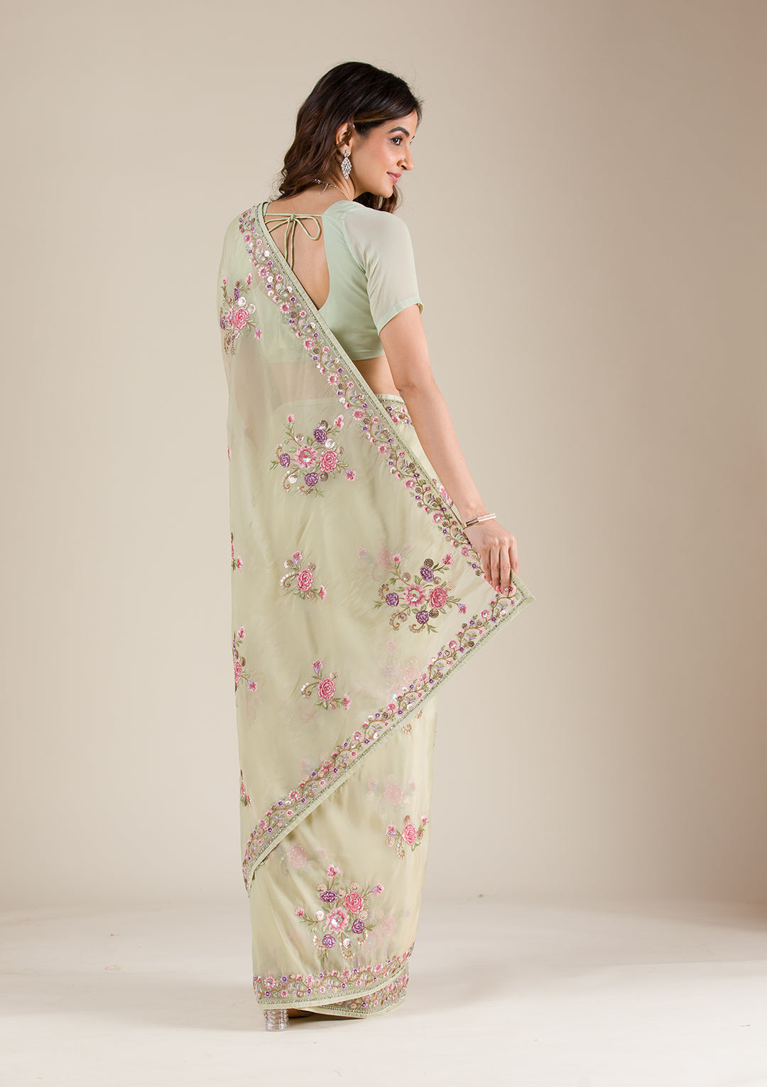Pista Green Threadwork Organza Saree