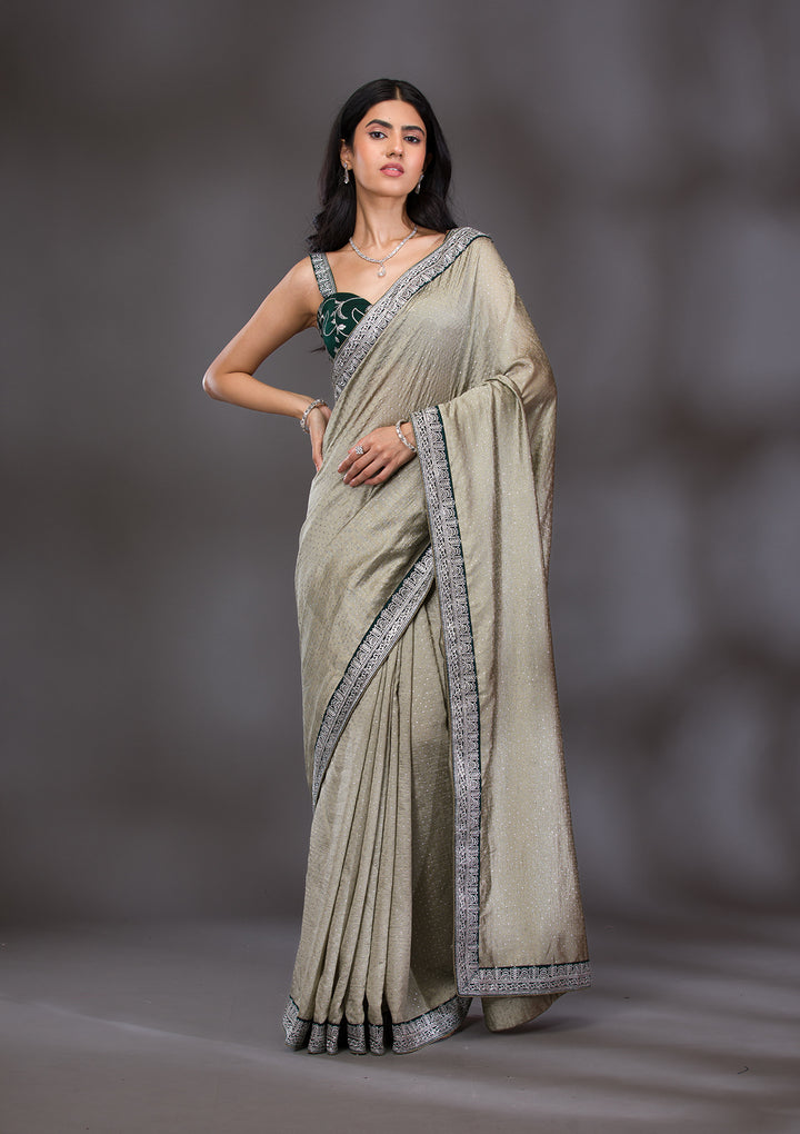 Pista Green Threadwork Raw Silk Saree